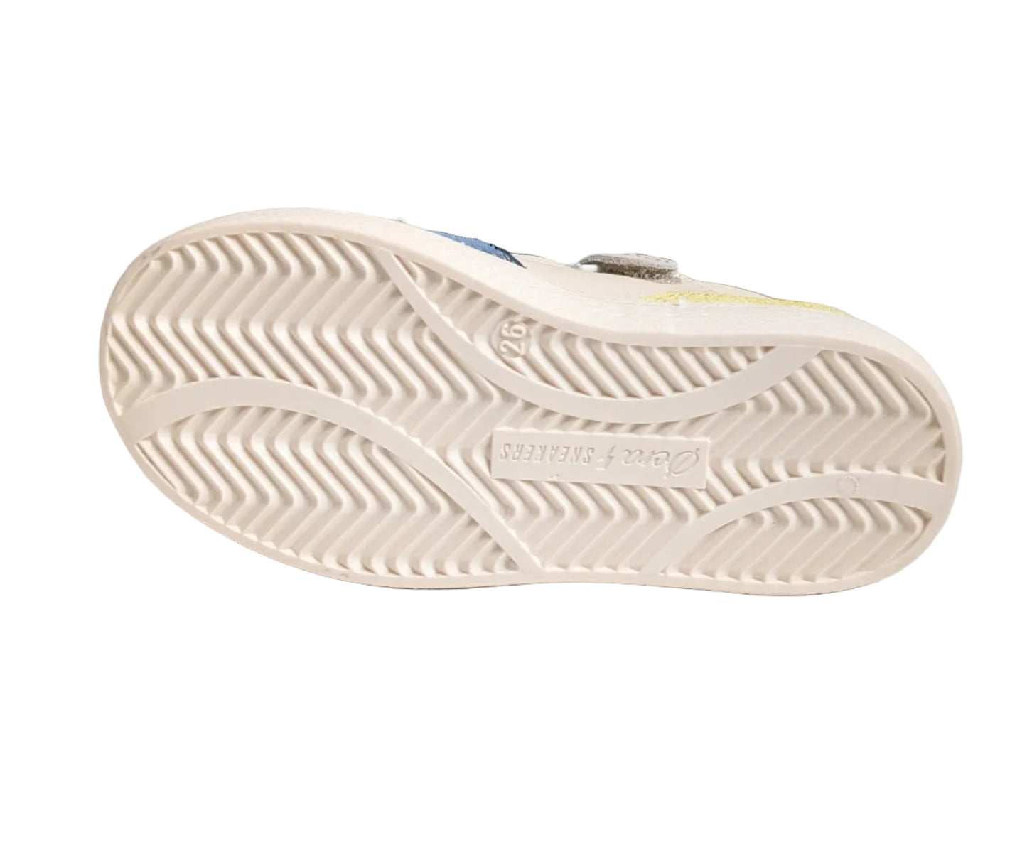 Ocra sneaker wit blauw geel groen bruin zool